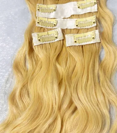 blonde-wavy-clip-in-hair-extensions-5-piece-9-clip Blonde human-hair clip-in set